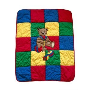 Carousel USA Vtg Bear Sailor Blue Red Yellow Green Square Block Baby Blanket